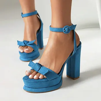 Небесно-голубой Телесный цвет, летняя обувь для вечеринок Sweet Girls из флока и нубука с открытым носком, босоножки на платформе на высоком каблуке с бантиком-бабочкой