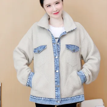 Зимняя Пушистая Короткая куртка, женские Корейские модные Однобортные утепленные пальто, женские джинсовые Парки из овечьей шерсти в стиле пэчворк, Mujer