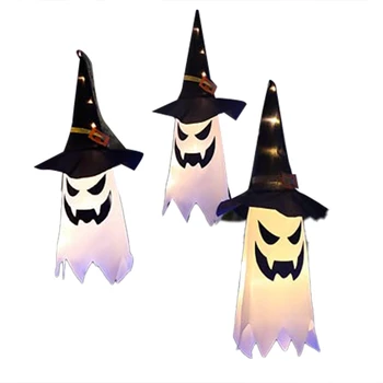 3 шт Хэллоуин украшения открытый декор висит освещенная призрак, ведьма, шляпа, Хэллоуин света строки для двора, дерево