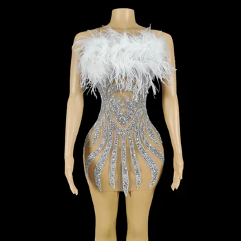 Платье со стразами и перьями, наряд для празднования Дня рождения, Сексуальный костюм без рукавов, наряд для вечеринки