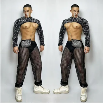 Мужская танцевальная одежда для ночного клуба в стиле хип-хоп, Сексуальный Джазовый танцевальный костюм Gogo, Флуоресцентный Розовый Рейв-наряд, одежда для танцев на шесте.