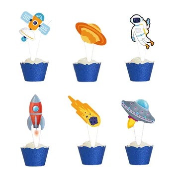 12шт Космический топпер для кексов Принадлежности для вечеринки в честь астронавта для мальчиков и детей С Днем Рождения, декоры для торта с ракетным кораблем