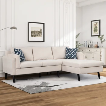 Современный обитый диван L-образной формы 84,65 дюйма с шезлонгом и 2 Подушками, 3-местный диван с ножками из каучукового дерева для гостиной, Apar