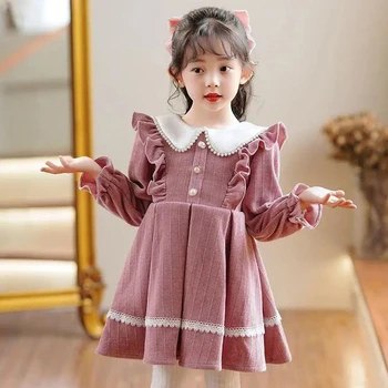 Платье для маленьких девочек, детские платья с длинными рукавами, костюм трапециевидной формы для малышей, Весна 2023, Осенняя детская праздничная одежда в корейском стиле