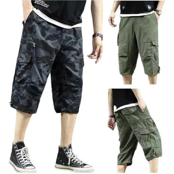Брюки длиной до икр, Летние брюки-карго, мужские уличные бриджи с множеством карманов, укороченные брюки, военные камуфляжные шорты