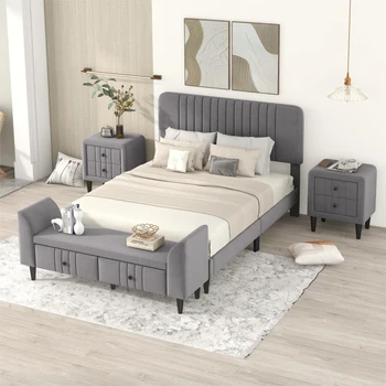 Серый спальный гарнитур из 4 предметов, полноразмерная мягкая кровать на платформе с двумя тумбочками и скамейкой для хранения, для мебели для спальни в помещении