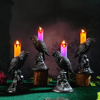 Реалистичная Статуя Черного Ворона, Светящийся подсвечник, светодиодные свечи, украшения для дома на Хэллоуин, Настольная лампа с Вороном, Страшные украшения