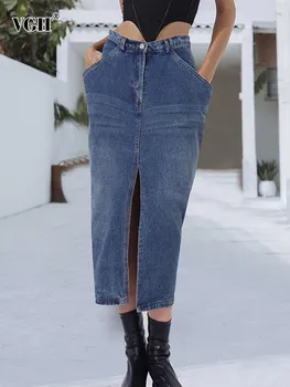 VGH однотонная джинсовая повседневная длинная юбка для женщин с высокой талией, с разрезом, облегающие юбки для темперамента, женский модный стиль одежды