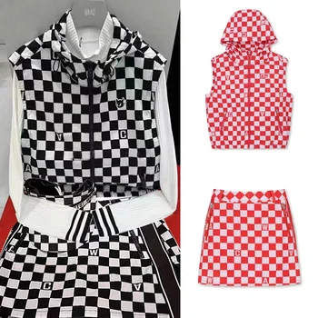 2023Golf, Женский летний шахматный комплект, тонкая короткая юбка в пол-клетку, жилет с капюшоном на молнии для уменьшения возраста