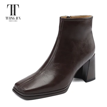 TULING, июнь 2023, Новые осенне-зимние короткие ботинки с квадратным носком на высоком каблуке, элегантная модная удобная женская обувь в стиле ретро SL-7605