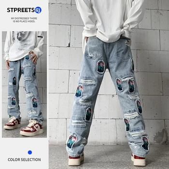 2023 Ретро-патч, Вышитые плиссированные джинсы для мужчин, Уличная одежда в стиле хип-хоп, Выстиранные, Разрушенные, Прямые Рваные джинсы в стиле Пэчворк, Брюки