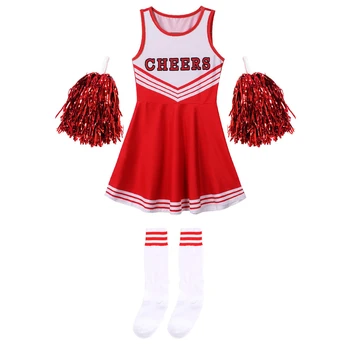 Форма для девочек-болельщиц Танцевальный костюм без рукавов Детский наряд для болельщиц С круглым вырезом, платье с буквенным принтом, цветок и носки