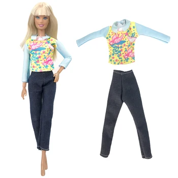 NK 1 шт. Модная одежда для куклы Синяя рубашка с длинным рукавом + Длинные черные брюки для аксессуаров для куклы Барби