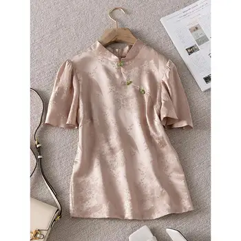2023 Китайская улучшенная блузка чонсам, женская винтажная блузка со стоячим воротником, изящная весенне-летняя футболка, восточная одежда