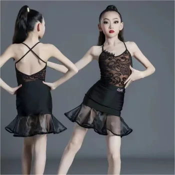 Детские платья для занятий латиноамериканскими танцами, новая летняя черная юбка с разрезом для девочек, детский тренировочный костюм для выступлений