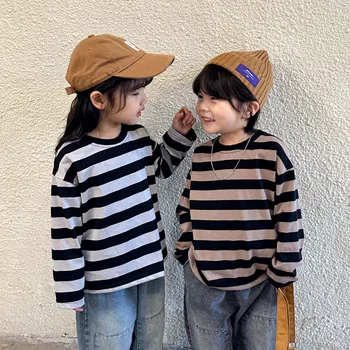 Детская футболка с длинным рукавом в хлопковую полоску для мальчиков и девочек, весна-осень 2023, новая модная мягкая удобная майка-топ