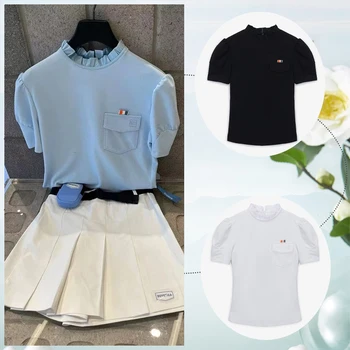Женская одежда для гольфа, Корейская футбольная майка, Новая Спортивная повседневная футболка с пузырчатым рукавом, однотонный топ с коротким рукавом