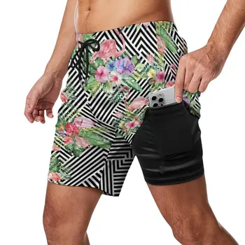 Пляжные шорты Tropical Flamingo с геометрическим цветочным принтом, милые Гавайские пляжные шорты, Спортивная одежда мужского дизайна, Быстросохнущие плавки
