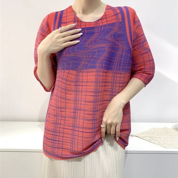 2023 Летняя Плиссированная футболка Miyake Chic Line с принтом для женщин, с круглым вырезом и коротким рукавом, Женская Свободная Повседневная футболка Y2k Top