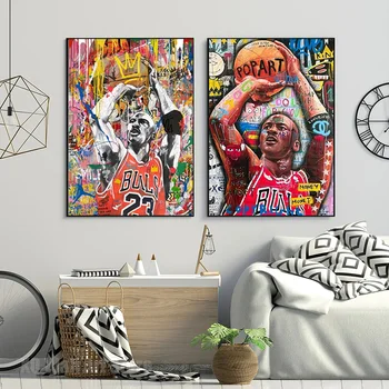 Знаменитый баскетболист, Граффити, плакаты, картина Спортсмена, холст, настенное искусство, современное уличное искусство для домашнего декора в гостиной, Бескаркасный
