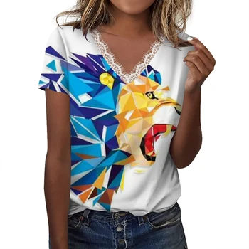 2023 модная удобная свободная женская футболка с V-образным вырезом, повседневная крутая футболка с рисунком граффити, 3D печать, кружево с принтом в центре, короткий рукав