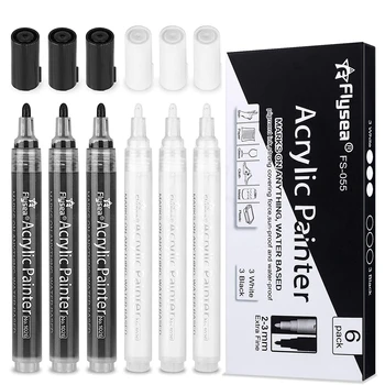 3 черных и 3 белых маркера для рисования акриловыми красками с 2 мм наконечником, ручки для наскальной живописи, Наборы акриловых красок на водной основе