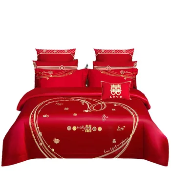 Комплект из четырех предметов из двухнитевого хлопка с длинным штапелем 100S, красный комплект из четырех предметов, все хлопчатобумажные свадебные постельные принадлежности