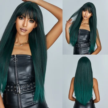 Длинные Шелковистые прямые парики Черновато-зеленый Синтетический парик с челкой для женщин, костюм для косплея на Хэллоуин, Термостойкие волосы