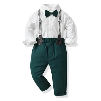 Рубашки с длинными рукавами для маленьких мальчиков, топы и брюки, 3 шт., осенний велюровый спортивный костюм с галстуком-бабочкой для маленьких мальчиков, одежда для мальчиков 6-10 лет