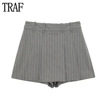 TRAF 2023 Полосатые женские шорты Skort, плиссированные шорты с высокой талией для женщин, осенние шорты-бермуды, женская уличная одежда, повседневные шорты для женщин