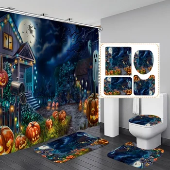 Набор занавесок для душа на Хэллоуин, 4ШТ с крышкой унитаза, коврик для ванной, крышка унитаза, Дом с привидениями, декор ванной комнаты в стиле хоррор