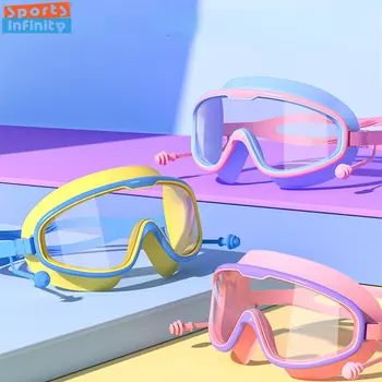 Детские плавательные очки для девочек и мальчиков в большой оправе, водонепроницаемые, противотуманные, HD прозрачные, студенческие, детские очки для плавания с затычкой для ушей