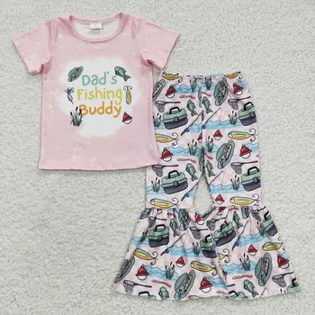 Оптовая Продажа Рыболовный костюм для папы для девочки, Розовая рубашка с короткими рукавами, Расклешенные штаны для малышей, Весенне-осенний комплект для малышей