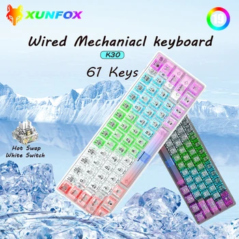 K30 Проводная механическая клавиатура Type-C с прозрачной механической клавиатурой с горячей заменой, белый переключатель радужных огней для ПК