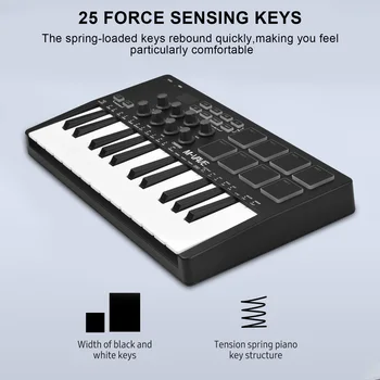 25-клавишная MIDI-клавиатура M-VAVE Портативная USB-клавиатура MIDI-контроллер с 25 чувствительными к скорости клавишами, 8 площадок с RGB-подсветкой, 8 ручек