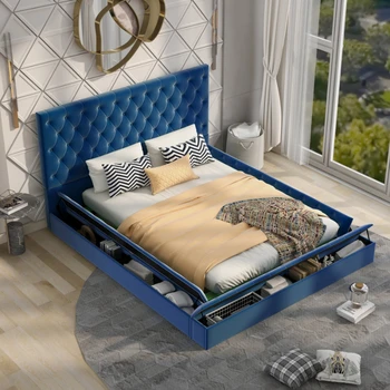 Кровать с классической обивкой, низкопрофильная платформа для хранения, с местом для хранения и подножкой, для молодежной спальни для взрослых