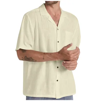 2023 Мужская рубашка Однотонная рубашка с лацканами, однобортные топы, Хлопчатобумажная льняная блузка с короткими рукавами, Свободные Однотонные летние рубашки