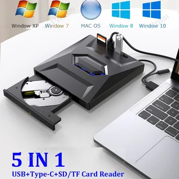Проигрыватель дисков USB3.0 с портами USB / Type-C + устройство чтения-перезаписи дисков SD/ TF 5 В 1 для Mac / Linux Windows XP/10/8/7 Портативный ПК