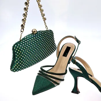 Модные зеленые женские туфли с острым носком, в тон сумочке с украшением в виде кристаллов, туфли-лодочки в африканском стиле, комплект QSL056, каблук 8 см