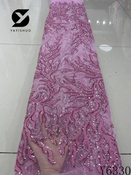 2023 Высококачественная кружевная ткань ручной работы из бисера, Франция, вышивка пайетками, 3D-бисер, Нигерийская свадебная сетчатая кружевная ткань для шитья Y6330