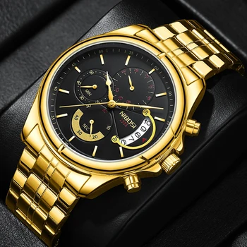 NIBOSI Модные золотые кварцевые часы для мужчин, водонепроницаемые спортивные часы с хронографом из нержавеющей стали, мужские часы класса Люкс, лучший бренд, Мужские часы класса люкс
