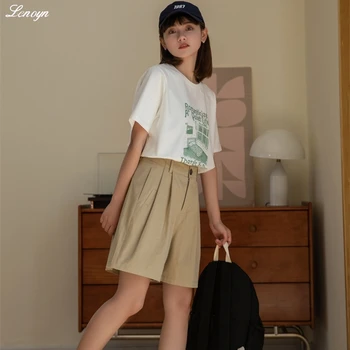 Lenoyn 2023 Новые женские свободные шорты из хлопка и льна, однотонные японские плиссированные широкие брюки с высокой талией, повседневные летние шорты