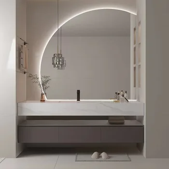 Каменная плита, встроенное полукруглое зеркало, шкаф для ванной комнаты, умывальник, комбинация шкафов для умывания, умывальник для лица