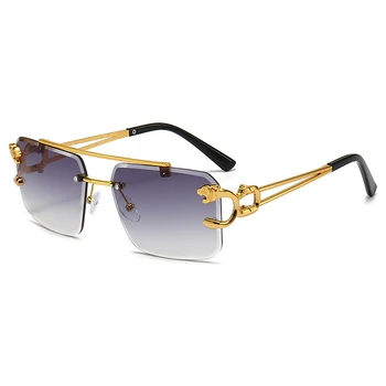 2023 Солнцезащитные очки с двойным мостом и бриллиантовой огранкой, Модные высококачественные солнцезащитные очки с градиентным козырьком в виде головы леопарда, Металлические солнцезащитные очки с защитой от ультрафиолета