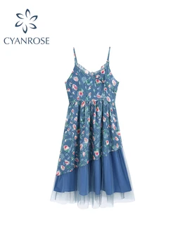 Женское синее платье с цветочным принтом Harajuku Корейское винтажное лоскутное платье с открытыми плечами, цельное платье для женщин, летняя одежда, платья