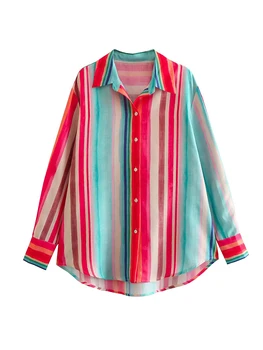 YENKYE 2023 Женская винтажная многоцветная рубашка в полоску с длинным рукавом и воротником-лацканом, женская повседневная блузка