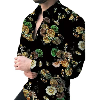 Мужские рубашки с 3D-принтом с золотым цветочным узором, топы с отложным воротником и пуговицами, Модная мужская уличная одежда в стиле барокко