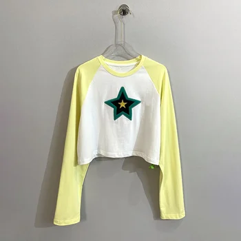 Цветная футболка свободного кроя с длинными рукавами для женщин, весна/лето 2023, новый дизайн, короткий топ с 3D звездами, Ins Fashion