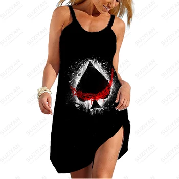 2023 Новое трендовое женское Летнее платье-слинг с 3D-принтом Poker Heart, свободное повседневное платье-слинг, модная женская одежда