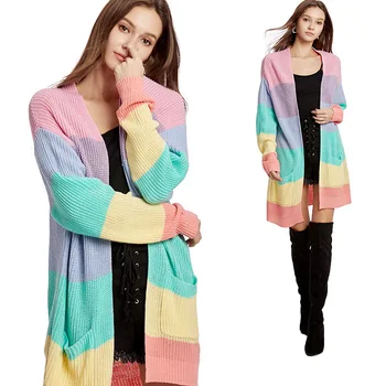 Трикотажные изделия, женский свитер, модный стиль, новинка 2023 года, радужный кардиган длиной в ярдах, европейский женский свитер, пальто